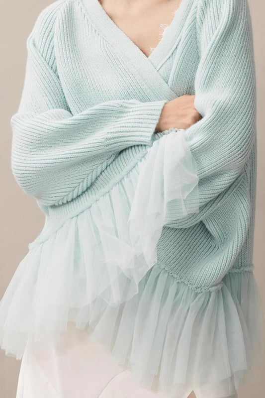 Ruffled Tulle Knit Long-Sleeve Cardigan