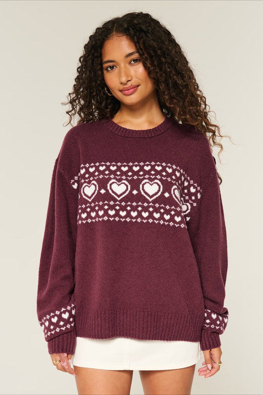 Heart Fair Isle Striped Long Sleeve Knit Sweater