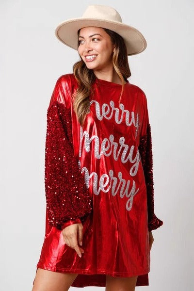 Sleeve Paneled Crew Neck Printed Sequin Dress
