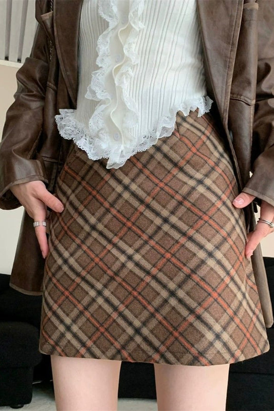 Tweed Plaid Vintage High Waist Fitted Short Skirt
