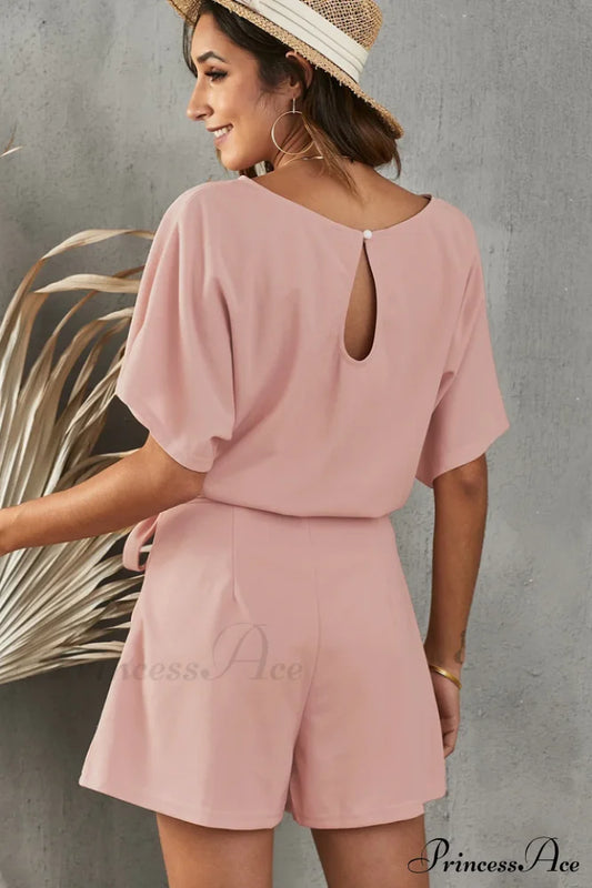 Elaine Tie Belt Charming Short Sleeve Romper