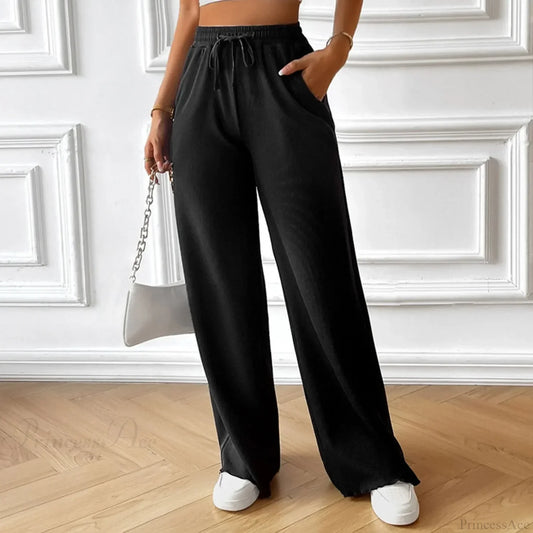 Elastic High Waist Linen Wide Leg Pants Black / S