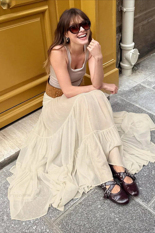 Elastic Waist Ruching A-Line Skirt Off White / S