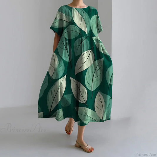 Elegant Autumn Retro Floral Print Round Neck Evening Dress green1 / S oldfloraldress-250126