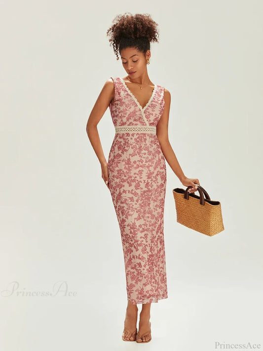 Elegant Floral Fishtail Lace Trim Wrap V-neck Bodycon Floral Dress floraldress-250126