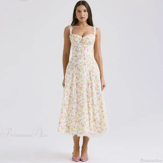 Elegant Floral Print Summer Midi Dress ivory print / XS
