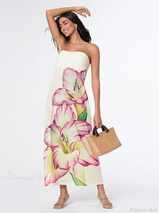 Elegant Floral Strapless Loose Fit Floral Dress floraldress-250126