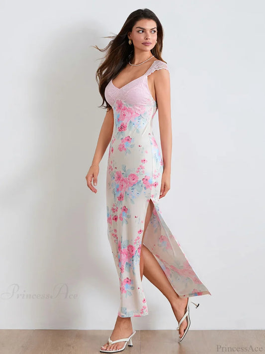 Elegant Lace Patchwork Floral Mesh Backless V-Neck High Slit Party Dress floraldress-250126