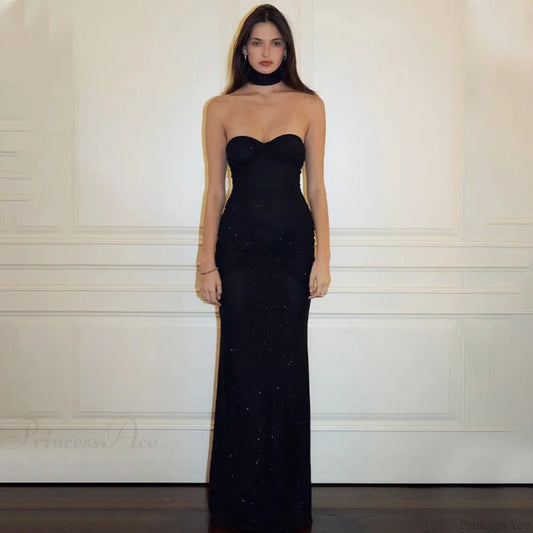 Elegant Off-Shoulder Glitter Fishtail Maxi Dress Black / S