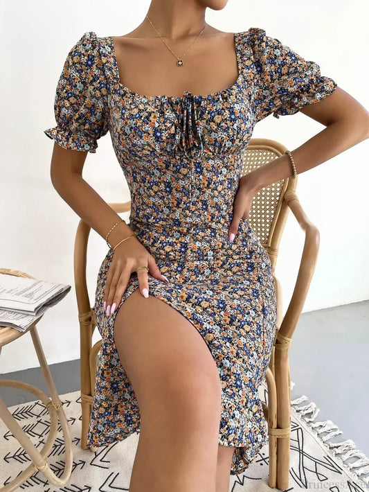 Elegant Pleated A-line Floral Print Casual Dress oldfloraldress-250126