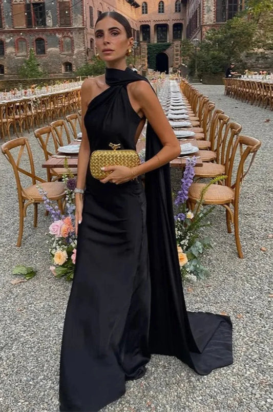 Elegant Satin Halter Dress Black / S vacationdress-250223