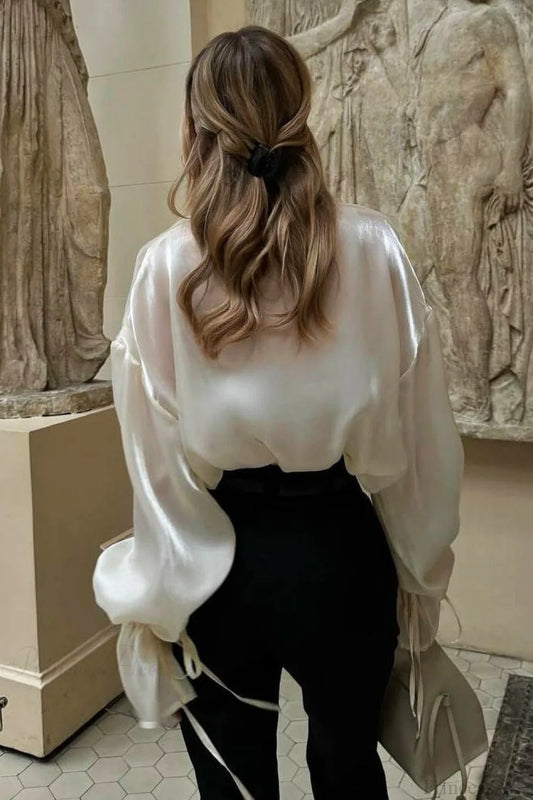 Elegant Satin Tie-Waist Loose Long Sleeve Blouse