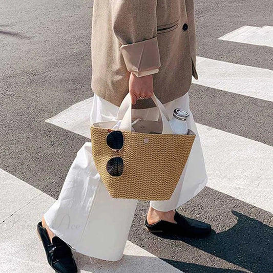 Elegant Straw Woven Beach Casual Top-Handle Shoulder Handbag Beige handbag-250126