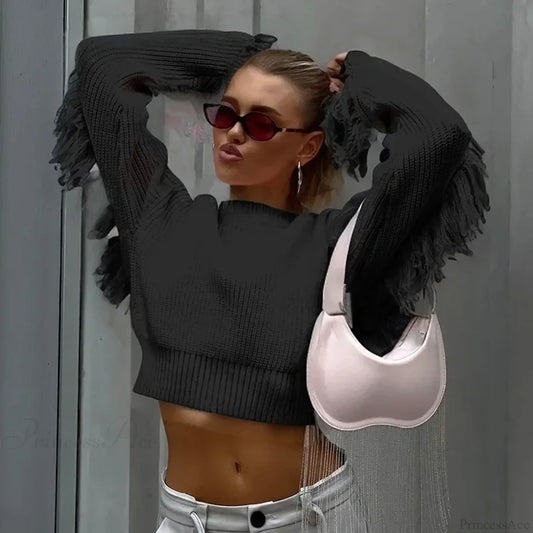 Elegant Tassel Patchwork Pullover Sweater Black / S