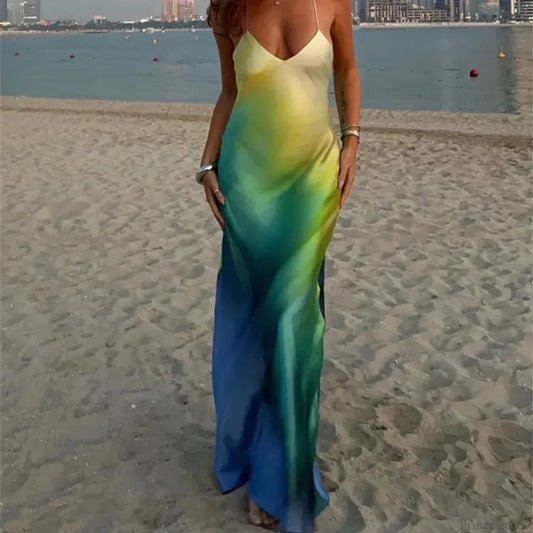 Elegant Tie Dye Satin Vacation Dress Blue / S vacationdress-250223