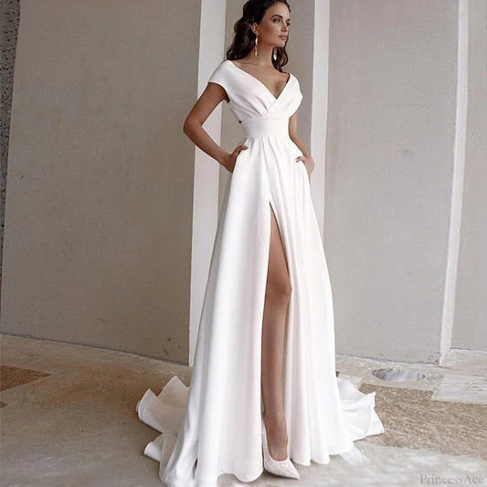 Elegant V-Neck A-Line Wedding Dress lvory white / 2 weddingdress-250223