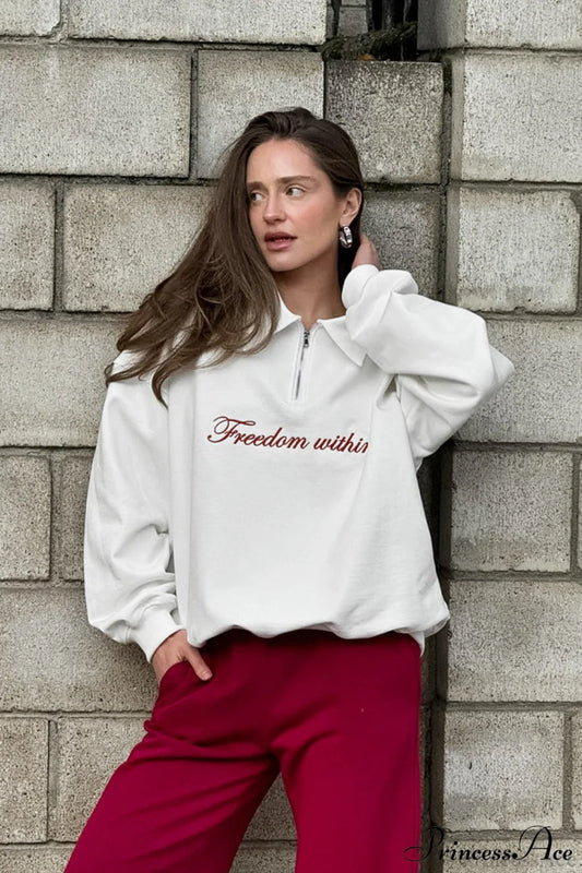 Embroidered Collared Casual Loose Sweatshirt White / S