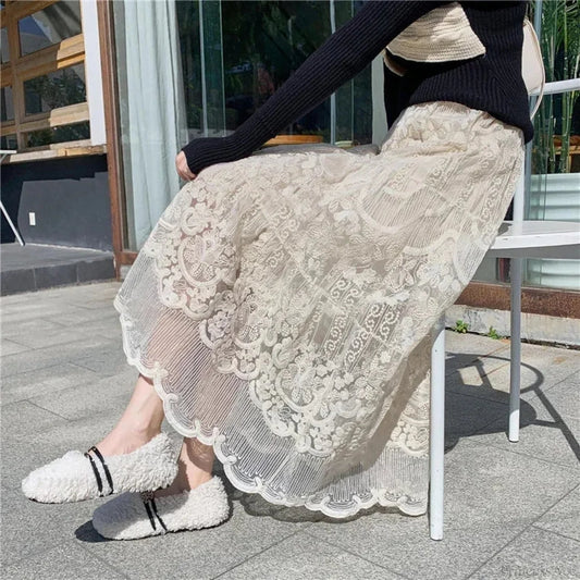 Embroidered Flower Lace High Waist Boho Skirt Beige / One Size skirt-250126