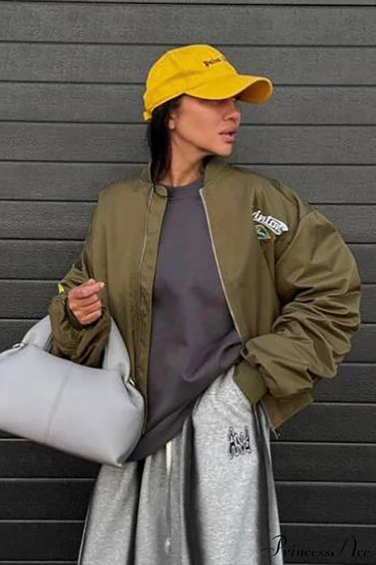 Embroidered Loose Bomber Long Sleeve High End Green Jacket