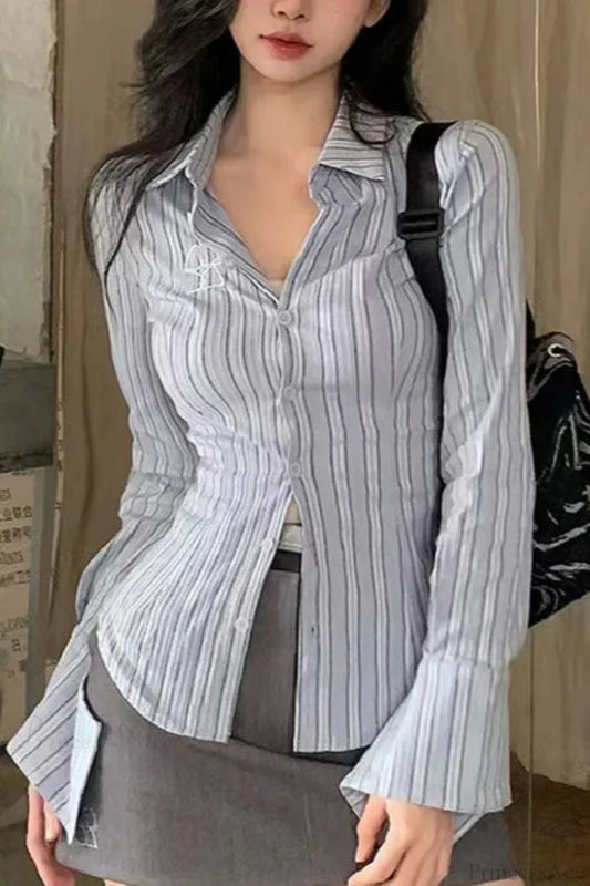 Embroidered Striped Slim Lapel Blouse Striped / S blouse-250126