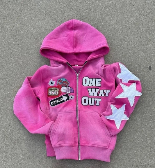 Embroidery Zipper Hoodie Pink / S