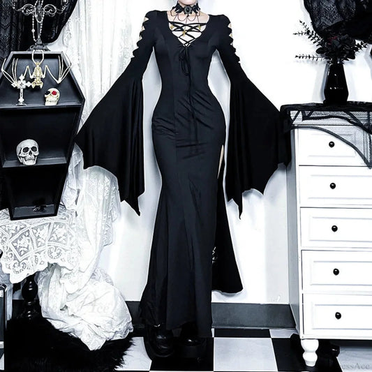 Empty Out Batwing Sleeve Full-Length Dress Black / S