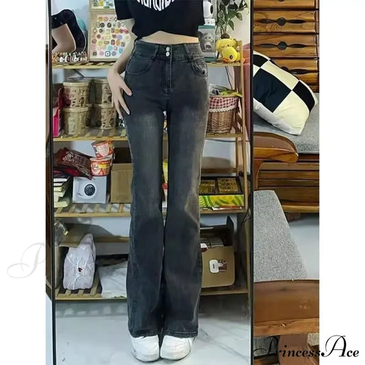 European And American Retro Brown High-Waisted Straight-Leg Loose Thin Wide-Leg Autumn Jean Gray /