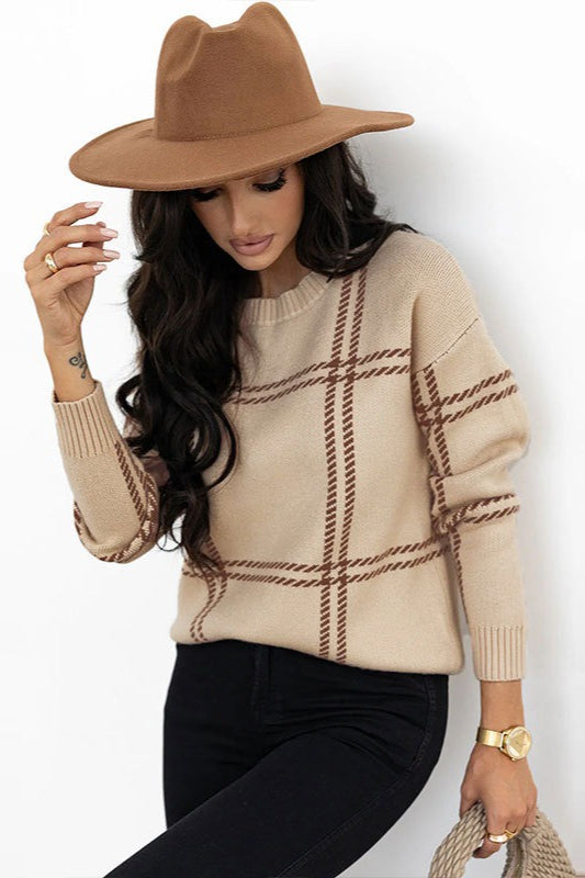 Plaid Crew Neck Relaxed Sweater