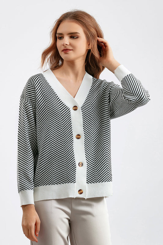 Striped V Neck Buttoned Knit Sweater
