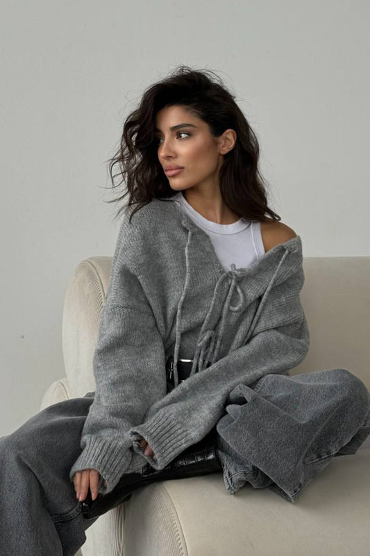 Cardigan en tricot à manches longues et nœud papillon de couleur unie