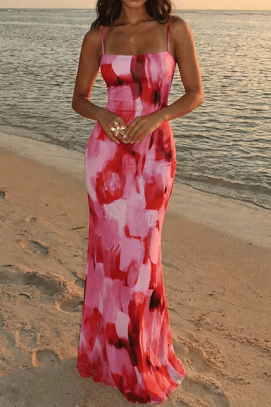 Watercolor Print Lace Up Fishtail Maxi Dress