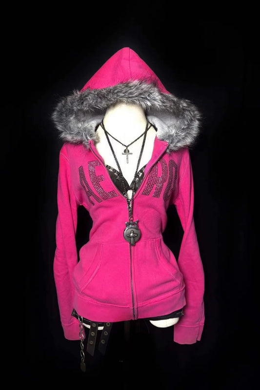 Faux Fur Rhinestone Fitted Zip Hoodie