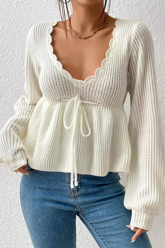 Scalloped V Neck Drawstring Peplum Sweater