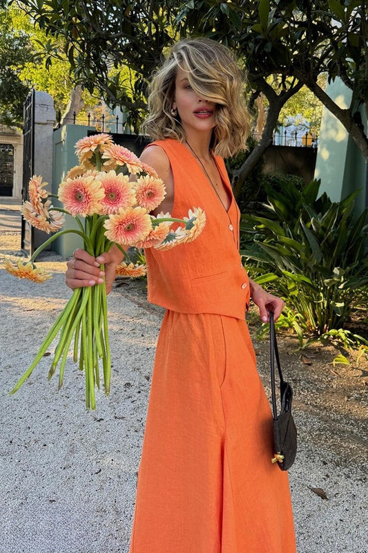 Cotton Linen Vest Swing Skirt Set