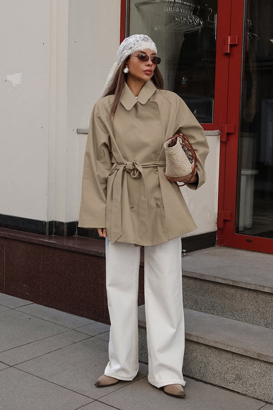 Trench-coat mi-long vintage kaki avec ceinture