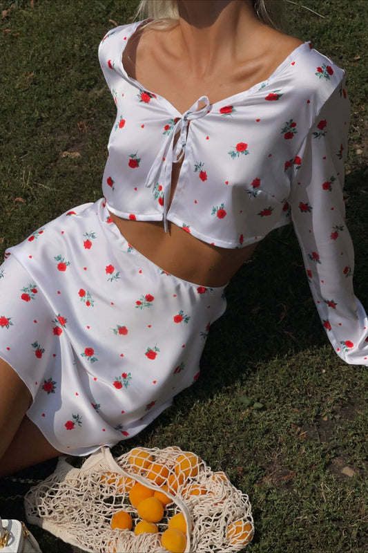 Ensemble deux pièces jupe cardigan à manches longues en satin imprimé