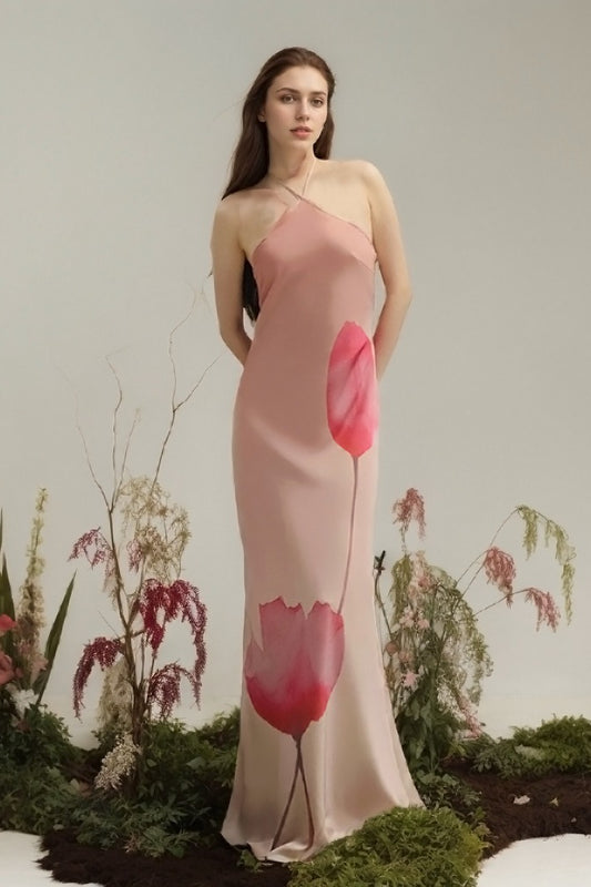 Robe longue taille haute dos nu à imprimé floral