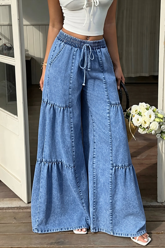 Tiered Panel Drawstring Wide Leg Jeans