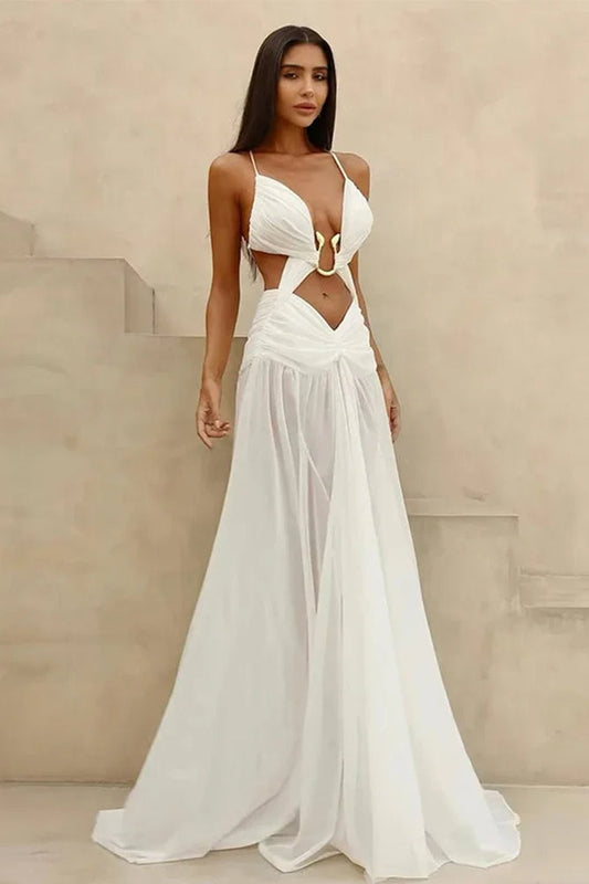 Mesh Hollow Out Boho Dress White / S