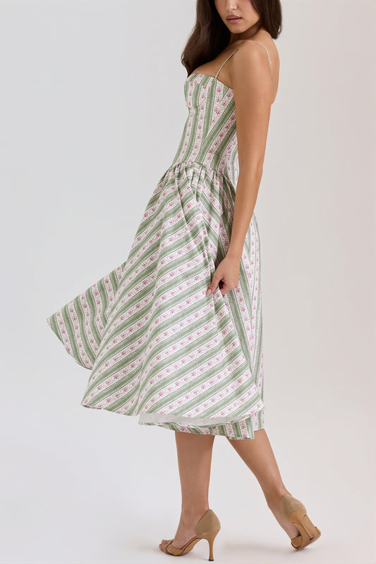 Fresh Floral Striped Cami Midi Dress