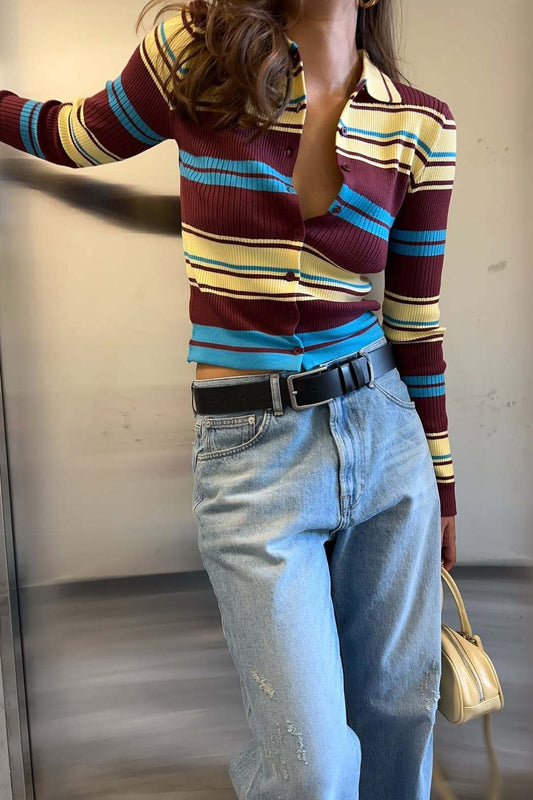 Button Front Stripe Retro Collar Slim Long Sleeve Knit Cardigan