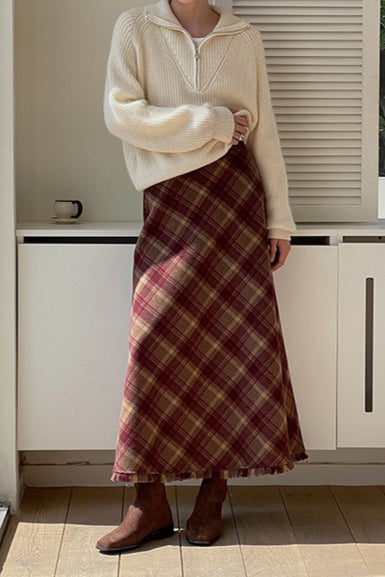 Red Plaid Wool Bodycon Skirt