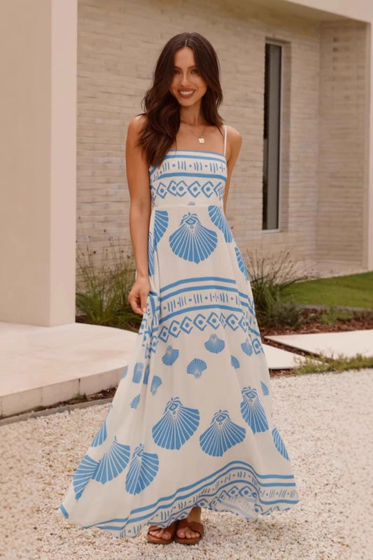 Robe longue fluide à imprimé coquillages et taille haute