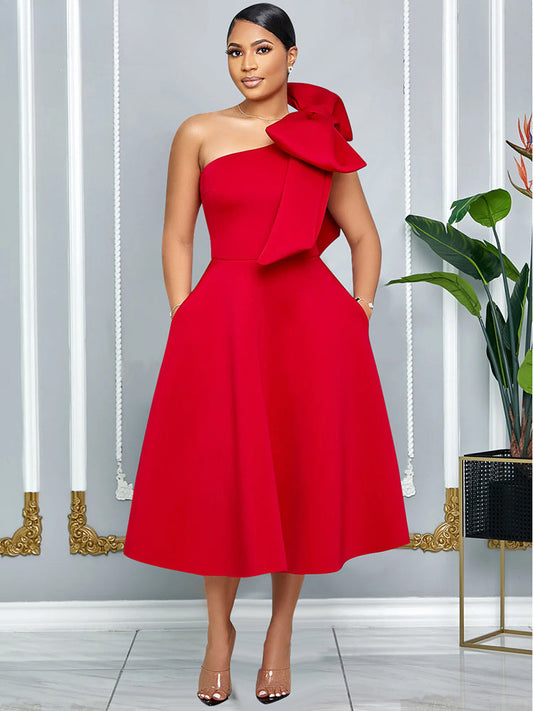 Elegant A Line Pleated One Shoulder Bow Red Christmas Party Dress Red / S Dresses-L