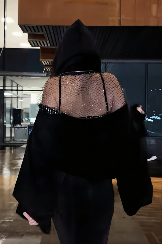 Rhinestone Mesh Open Back Hoodie
