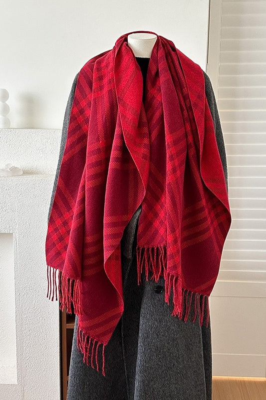 Double Faced Checkered Fringe Scarf