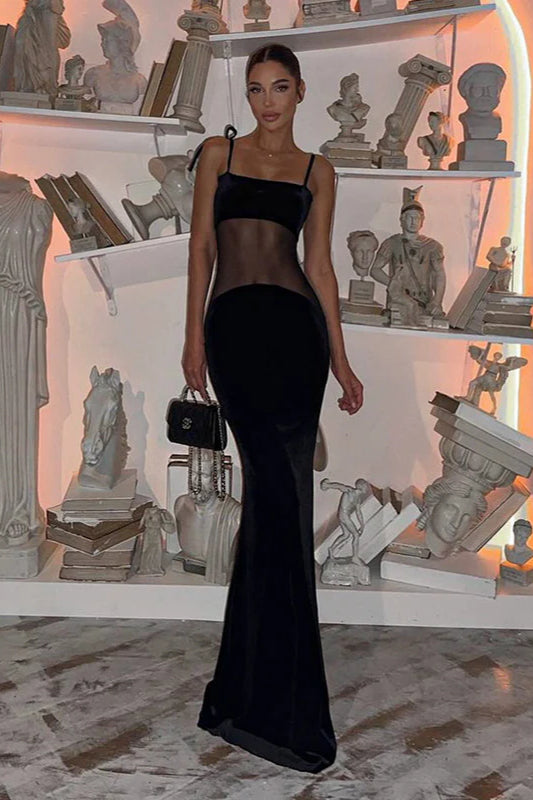 Robe longue moulante sexy en maille transparente à col en V