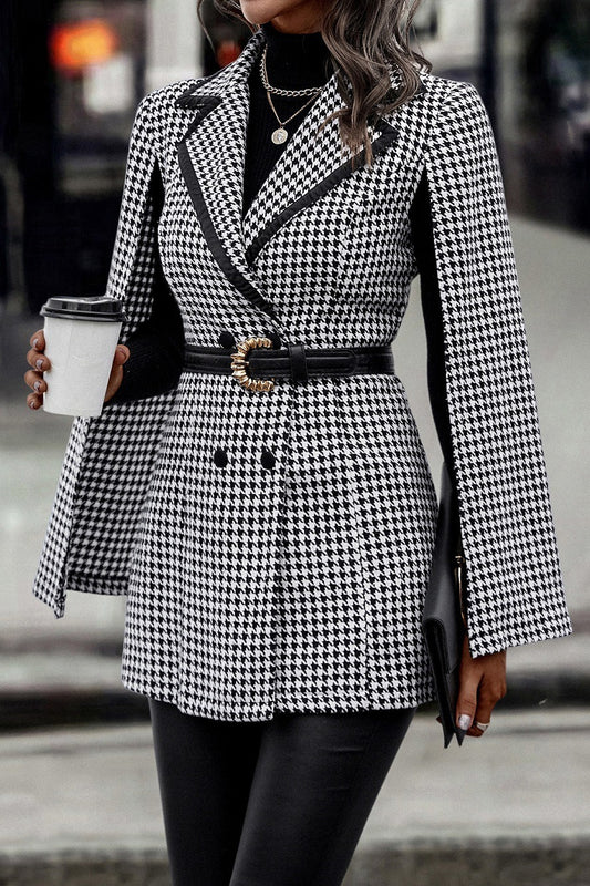 Tweed-style Houndstooth Split Long Sleeve Chic Blazer