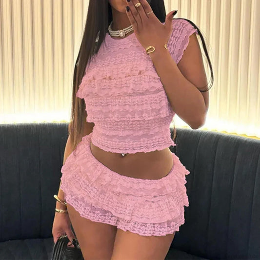 Fairy Coquette Outfits Lace Layered Ruffles Tank Tops + Mini Cake Shorts 2000s Retro Kawaii 2 Piece Set Y2K Aesthetic