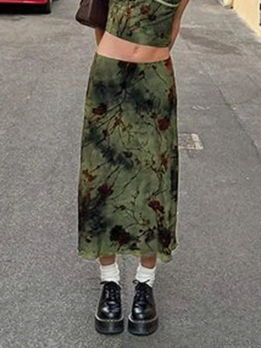 Fairycore Grunge Floral Printed Midi Skirt Y2K Vintage Skirt skirt-250126